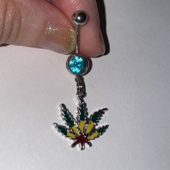 Aqua Blue Gem Dark Rasta Pot Leaf Dangle Belly Ring - Picture 4 of 8